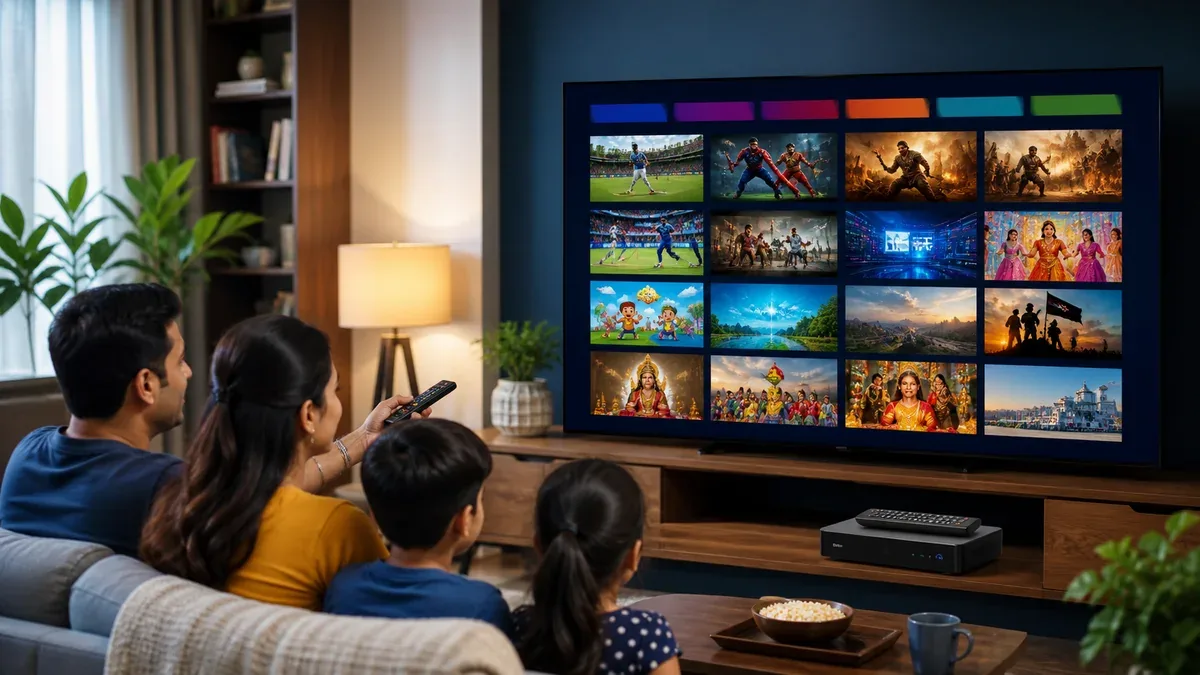 Family watching a TV channel grid with a digital cable set-top box in Bhavnagar