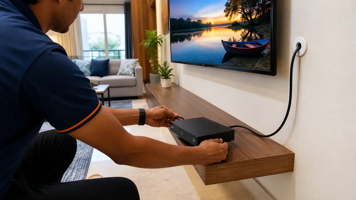Technician installing a new digital cable TV connection in a Chitra home
