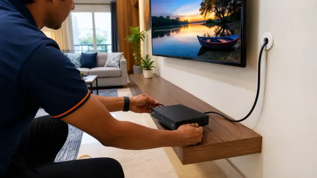 Technician installing a new digital cable TV connection in a Chitra home