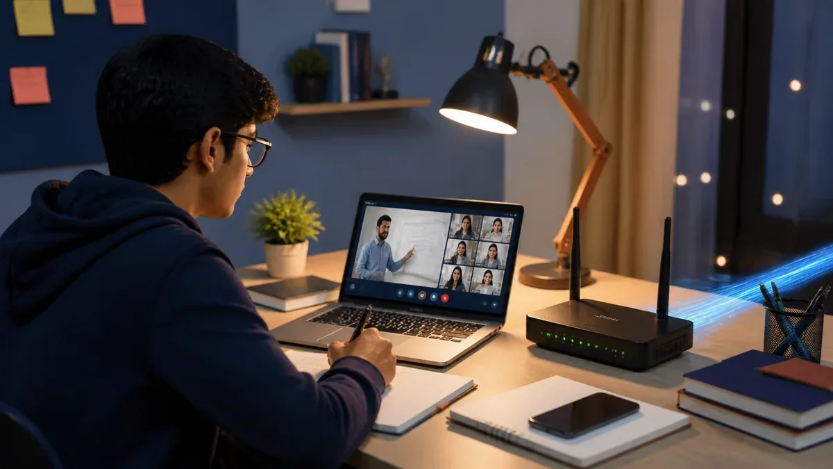 Student attending an online class beside a Wi-Fi router for broadband plans in Chitra