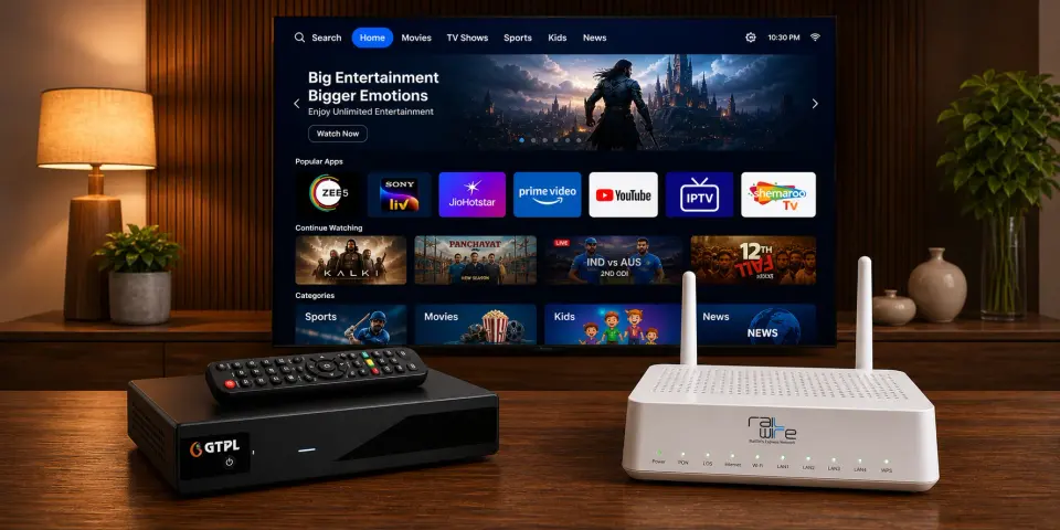 Home setup with GTPL cable TV and Railtel broadband in Chitra